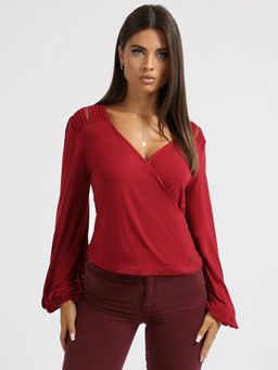 Guess - Women Red Solid V-neck Full Sleeves Top