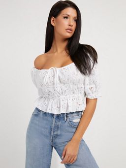 Guess - Women White Embroidered Off Shoulder Short Sleeves Bardot Top