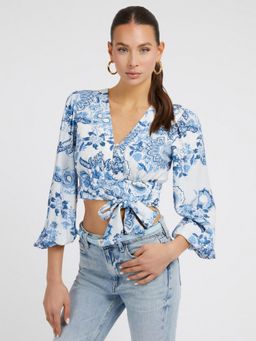 Guess - Women White Printed V-neck Full Sleeves Top