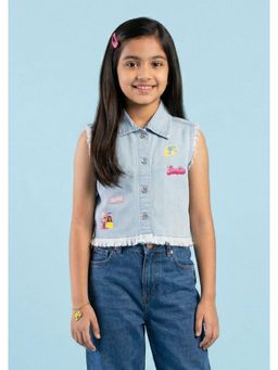 TINY GIRL - Barbie Sleeveless Brand Name Text Printed Jacket- Light Blue