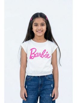 TINY GIRL - Barbie Knit Half Sleeves Brand Name Text Printed Top- White