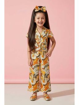 TINY GIRL - Half Sleeves Abstract Printed Button Detailed Jumpsuit with Belt - Mustard