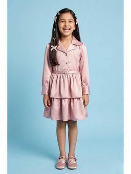 TINY GIRL - Full Sleeves Stripe Prinetd Layered Dress- Onion Pink