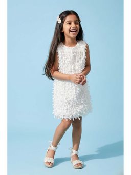 TINY GIRL - Sleeveless Fur Detailed Flower Applique Dress- White