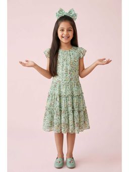 TINY GIRL - Frill Sleeves Floral Printed Dress- Green