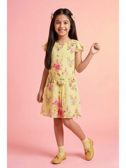 TINY GIRL - Cold Shoulder Floral Printed Dress with Belt - Lemon Yellow