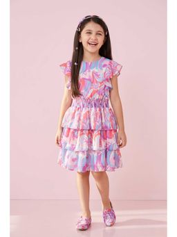 TINY GIRL - Frill Sleeves Abstarct Printed Layered Dress- Purple