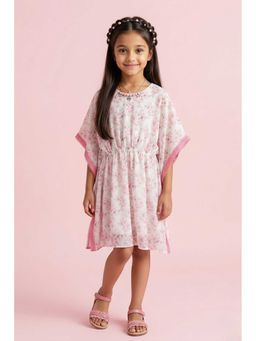 TINY GIRL - Cotton Kaftan Type Sleeves Floral Printed Dress- Pink