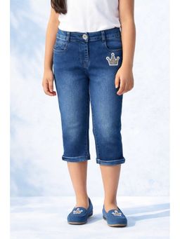 TINY GIRL - Cotton Knit Soild Jeans Capri - Dark Blue