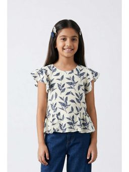 TINY GIRL - Cap Sleeves Leaf Printed Top- Navy Blue