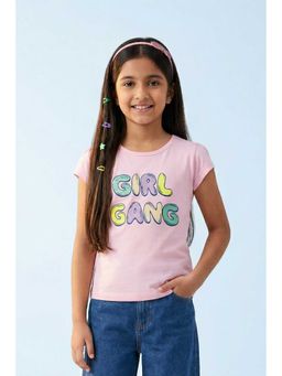 TINY GIRL - Cotton Half Sleeves Girl Gang Text Printed Top- Pink