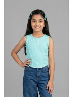 TINY GIRL - Cotton Sleeveless Soild Button Detailed Top- Aqua