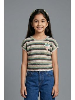 TINY GIRL - Knit Half Sleeves Stripe Printed Flower Applique Top- Mint Green