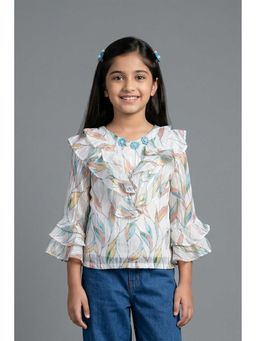 TINY GIRL - Flared Sleeves Abstract Leaf Printed Ruffle Detail Top- White