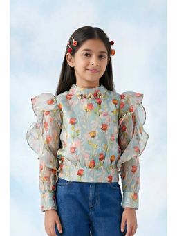 TINY GIRL - Ruffle Sleeves Floral Printed Top- Blue