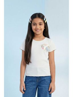 TINY GIRL - Half Sleeves Smile Sequin Patch Detail Top- White