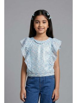 TINY GIRL - Frill Sleeves Aii Over Printed Top- Blue