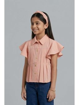 TINY GIRL - Flared Sleeves Soild Pleated Shirt- Peach