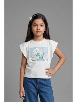 TINY GIRL - Flared Sleeves Floral Sticker Printed Top- White