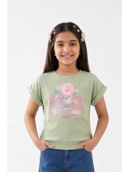 TINY GIRL - Half Sleeves Blessing Text Floral Printed Top- Pista Green