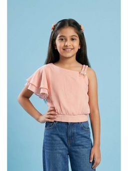 TINY GIRL - One Shoulder Soild Flower Applique Top - Peach