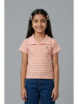 TINY GIRL - Half Sleeves Stripe Printed Polo T-shirt- Peach