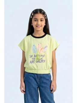 TINY GIRL - Half Sleeves Typography Printed Peral Detail Top- Mint Green