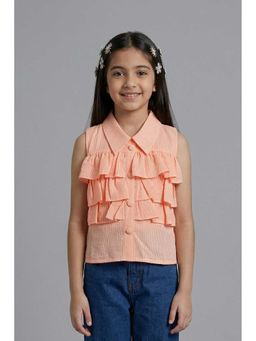 TINY GIRL - Sleeveless Stripe Printed Ruffle Detail Top- Neon Orange