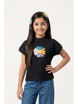 TINY GIRL - Half Sleeves Flower Sequins Patch Detailed- Black