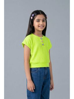 TINY GIRL - Half Sleeves Textured Flower Button Detailed Top- Neon Green