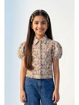 TINY GIRL - Puff Sleeves Abstract Printed Shirt- Brown