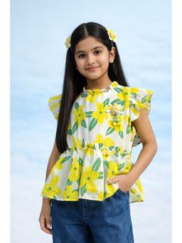TINY GIRL - Frill Sleeves Flower Applique Printed Top- Lemon Yellow