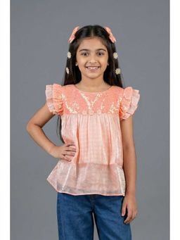 TINY GIRL - Frill Sleeves Soild Sequins Detailed Top- Peach