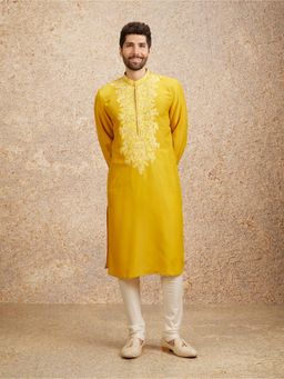 Twamev - Yellow Art Silk Embroidered Kurta Churidar for Men (Set of 2)