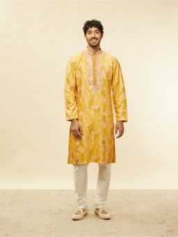 Twamev - Yellow Art Silk Embroidered Kurta Churidar for Men (Set of 2)