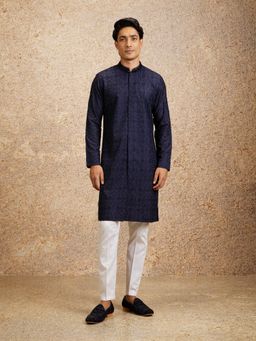 Twamev - Blue Blended Viscose Embroidery Cutdana Work Kurta Trouser for Men (Set of 2)