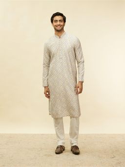 Twamev - Cream Art Silk Printed Kurta Churidar for Men (Set of 2)
