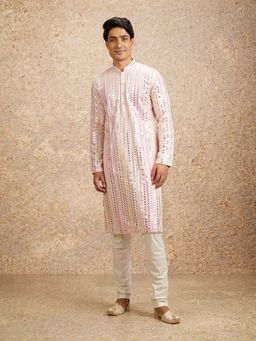 Twamev - Pink Georgette Embroidery Mirror Work Sequin Kurta Churidar for Men (Set of 2)