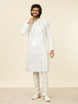 Twamev - Cream Georgette Embroidery Mirror Work Kurta Churidar for Men (Set of 2)