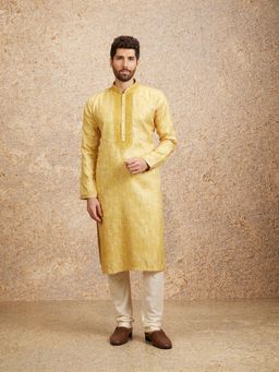 Twamev - Yellow Art Silk Print Jacquard Mirror Work Kurta Churidar for Men (Set of 2)