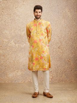 Twamev - Yellow Art Silk Digital Print Embroidery Kurta Churidar for Men (Set of 2)