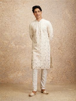 Twamev - Purple Cream Blended Viscose Embroidery Sequin Kurta Churidar for Men (Set of 2)