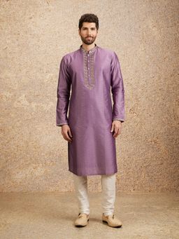 Twamev - Purple Art Silk Embroidery Jacquard Zari Weave Sequin Kurta Churidar for Men (Set of 2)