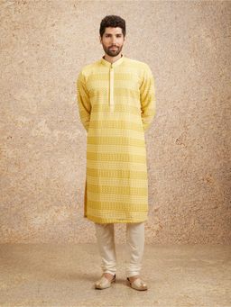 Twamev - Yellow Georgette Embroidery Zari Sequin Work Kurta Churidar for Men (Set of 2)
