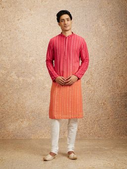 Twamev - Pink Georgette Embroidery Mirror Thread Work Kurta Churidar for Men (Set of 2)