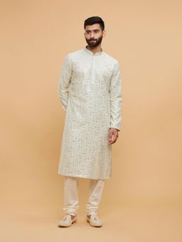 Twamev - Green Blended Viscose Mirror Work Embroidery Kurta Churidar for Men (Set of 2)