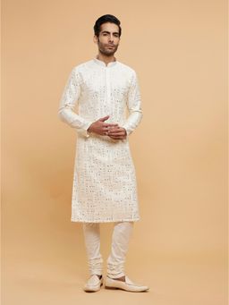 Twamev - Green Blended Viscose Mirror Work Embroidery Kurta Churidar for Men (Set of 2)