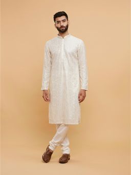 Twamev - Cream Georgette Mirror Work Thread Embroidery Kurta Churidar for Men (Set of 2)