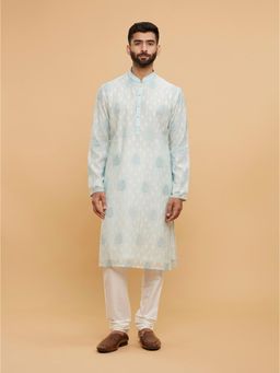 Twamev - Blue Chanderi Thread Embroidery Kurta Churidar for Men (Set of 2)