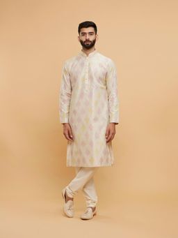 Twamev - Beige Chanderi Thread Embroidery Kurta Churidar for Men (Set of 2)